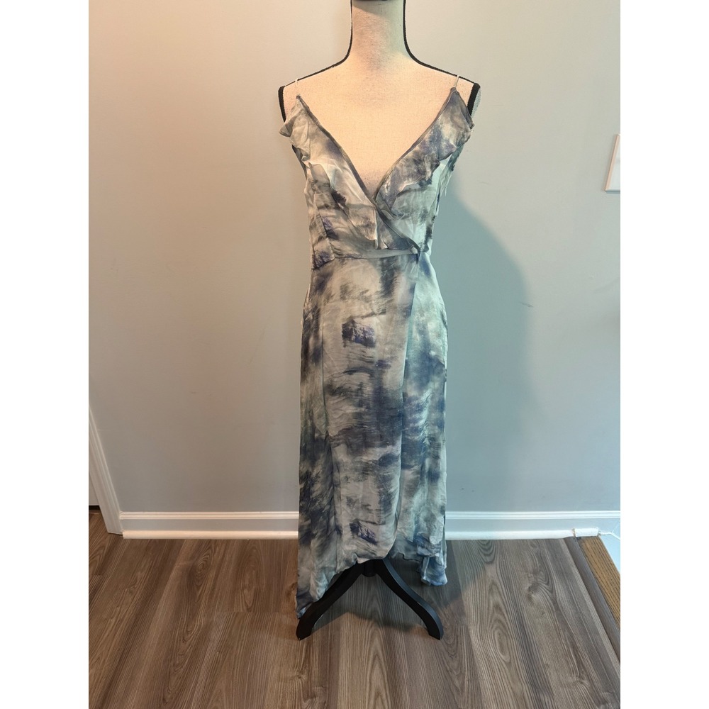 SAGE THE LABEL Blue White Watercolor Ruffle Wrap Maxi Dress size Small High Low